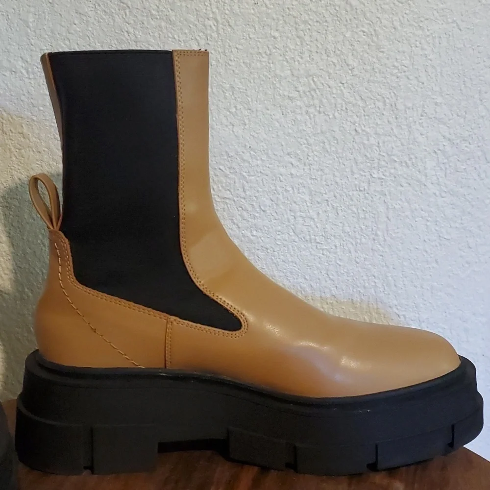 Mango|Womens Tan Platform Track Sole Contrast Panels Ankle Boot Neutral Sz.EU 40